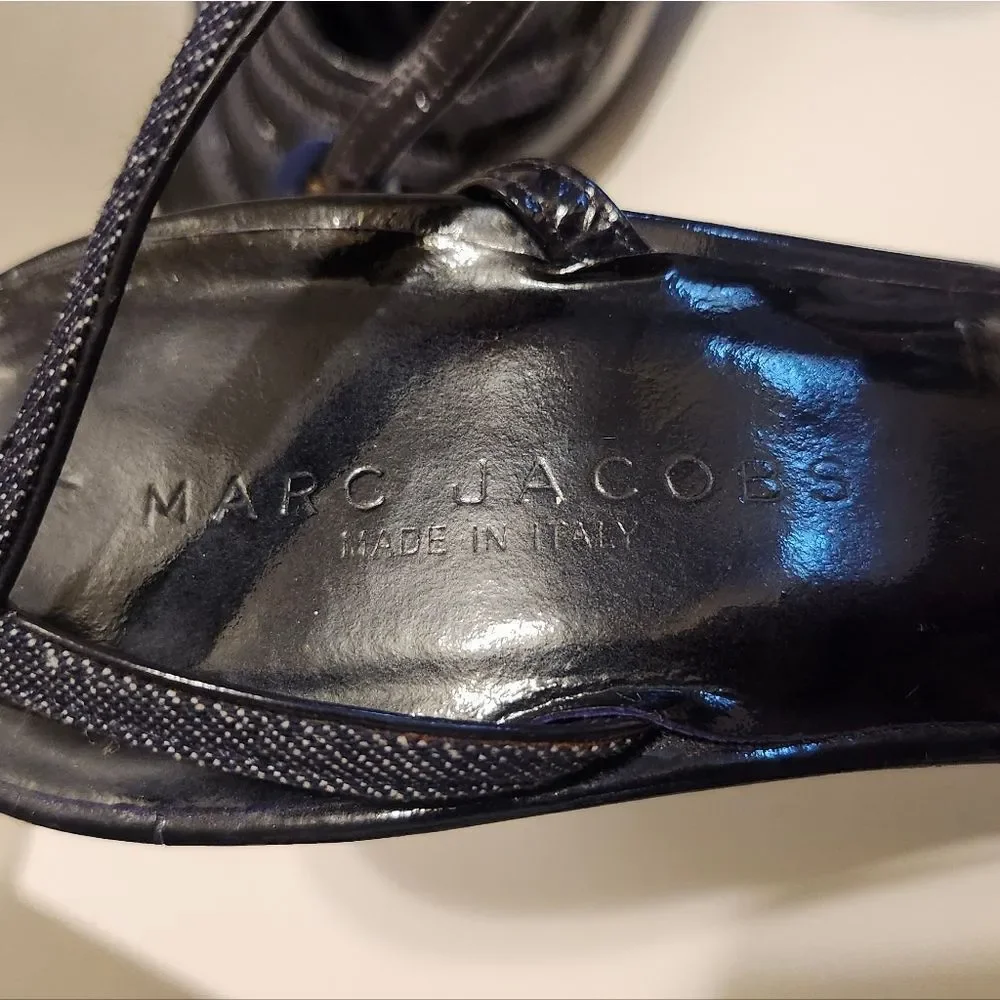 Marc Jacobs Black Patent Leather/Denim Strappy Platform Sandals Sz.7.5/38.5 $495